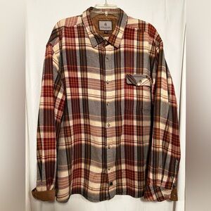 MENS 3XL RED KHAKI PLAID FLANNEL LONG SLEEVE BUTTON FRONT 1 POCKET WORK SHIRT
